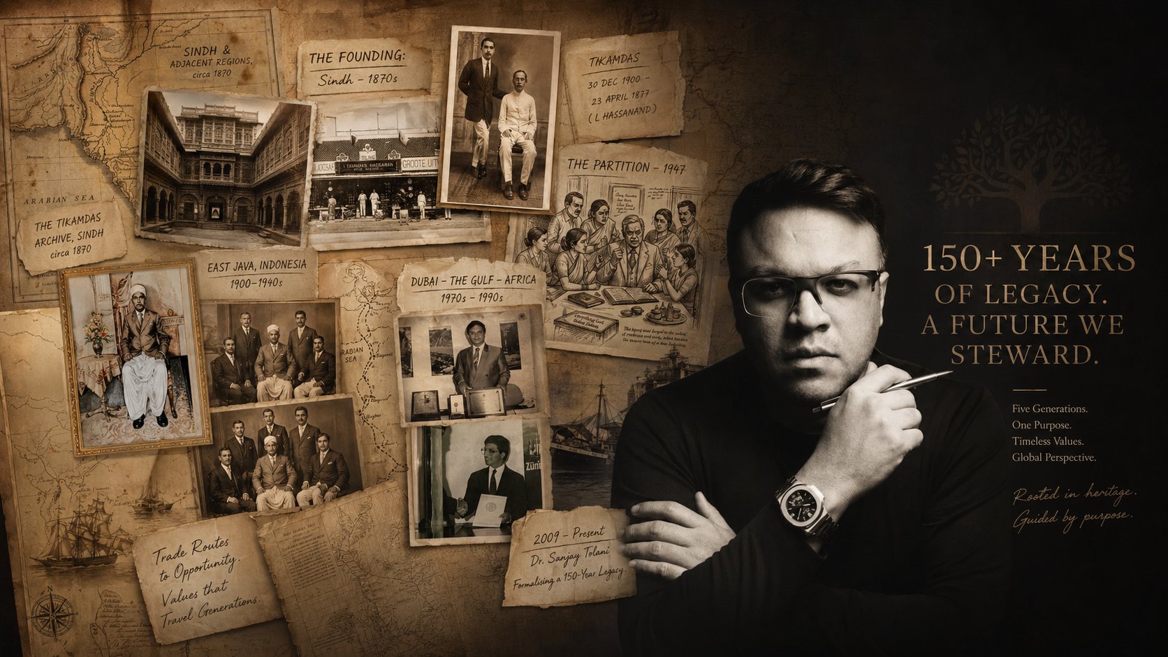 150+ Years of Legacy — Tolani family heritage collage from Sindh 1870s through Dr. Sanjay Tolani, spanning five continents and six generations.