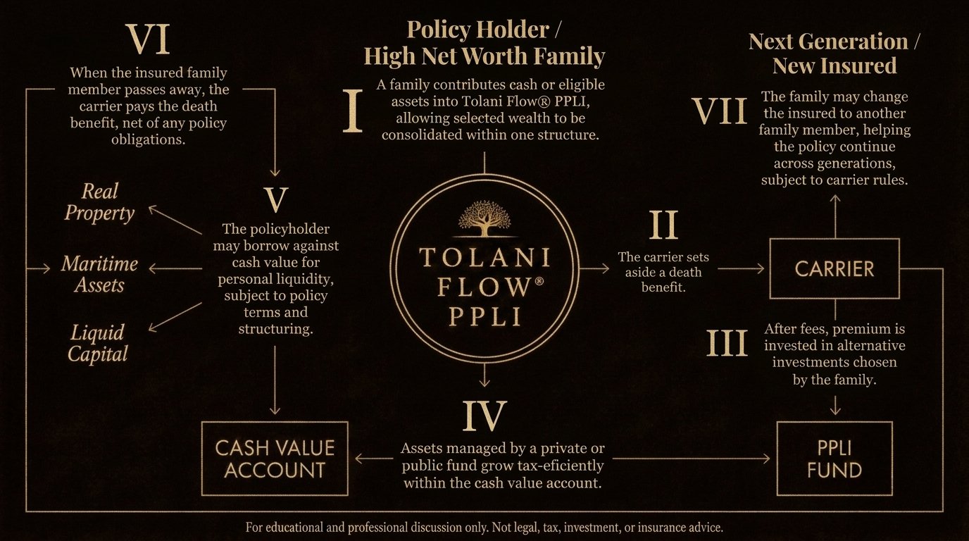 Tolani Flow® PPLI 7-step process: Policy Holder contributes assets → Carrier sets death benefit → Premium invested → PPLI Fund → Cash Value Account → Policy loans for liquidity → Changing Insured for next generation